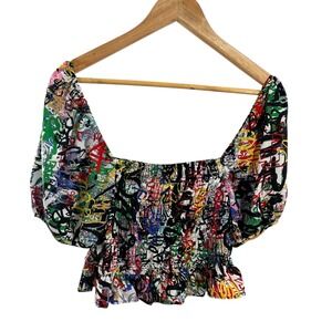 TRUTH‎ nyc Graffiti Print Smocked Top Women's Large Crop Puff Sleeve Colorful